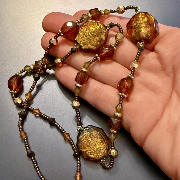 Amber & Gold Foiled Glass Beaded Artisan Necklace - Picture 5 of 7